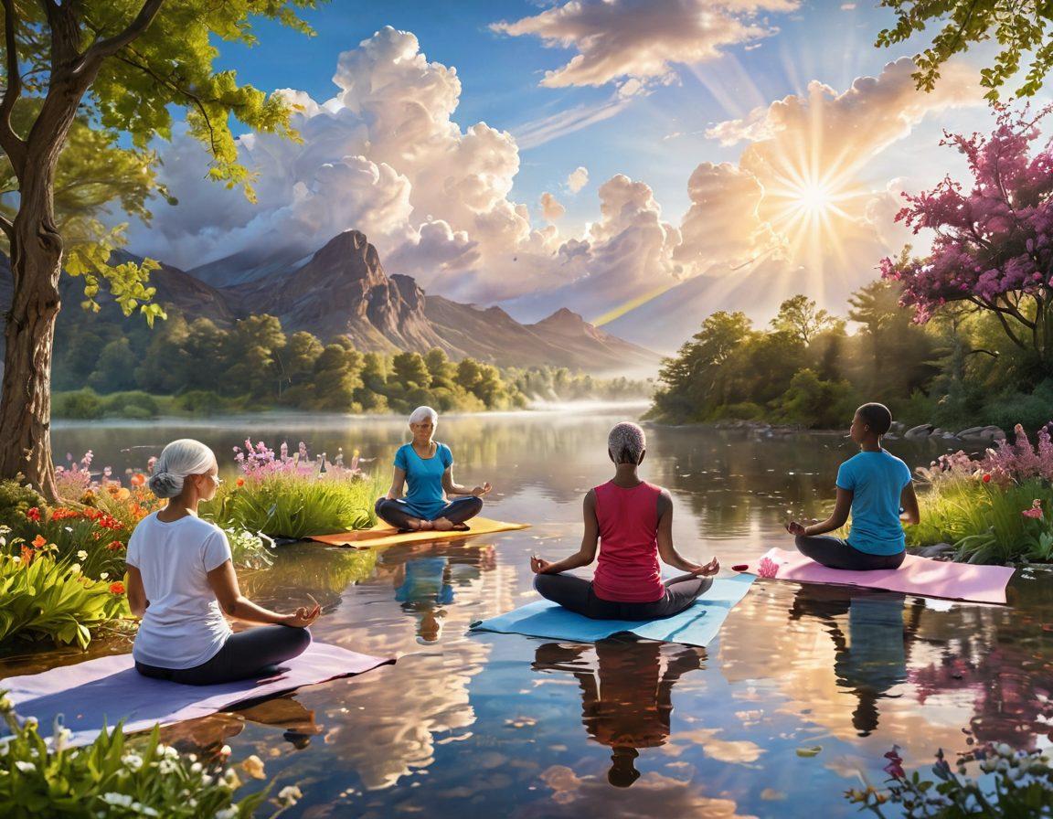 A serene landscape depicting a diverse group of cancer survivors engaging in various therapeutic activities, such as meditation, yoga, and art therapy. The scene includes bright, healing colors that symbolize hope and resilience, with subtle elements representing nature's healing power, like blooming flowers and a calming river. Delicate light rays filter through soft clouds, enhancing the atmosphere of peace and solidarity. super-realistic. vibrant colors. uplifting ambiance.