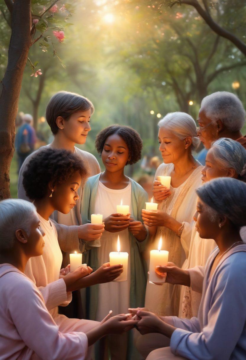 A serene scene depicting a diverse group of people of different ages and backgrounds gathered in a peaceful park, sharing stories and support. One person is holding a lighted candle symbolizing hope, while another is sharing a heartfelt moment, displaying warmth and unity. Soft pastel colors dominate the background, with trees providing a calming canopy. Incorporate subtle symbols of strength, like ribbons and flowers, to represent cancer advocacy. super-realistic. warm hues. tranquil atmosphere.