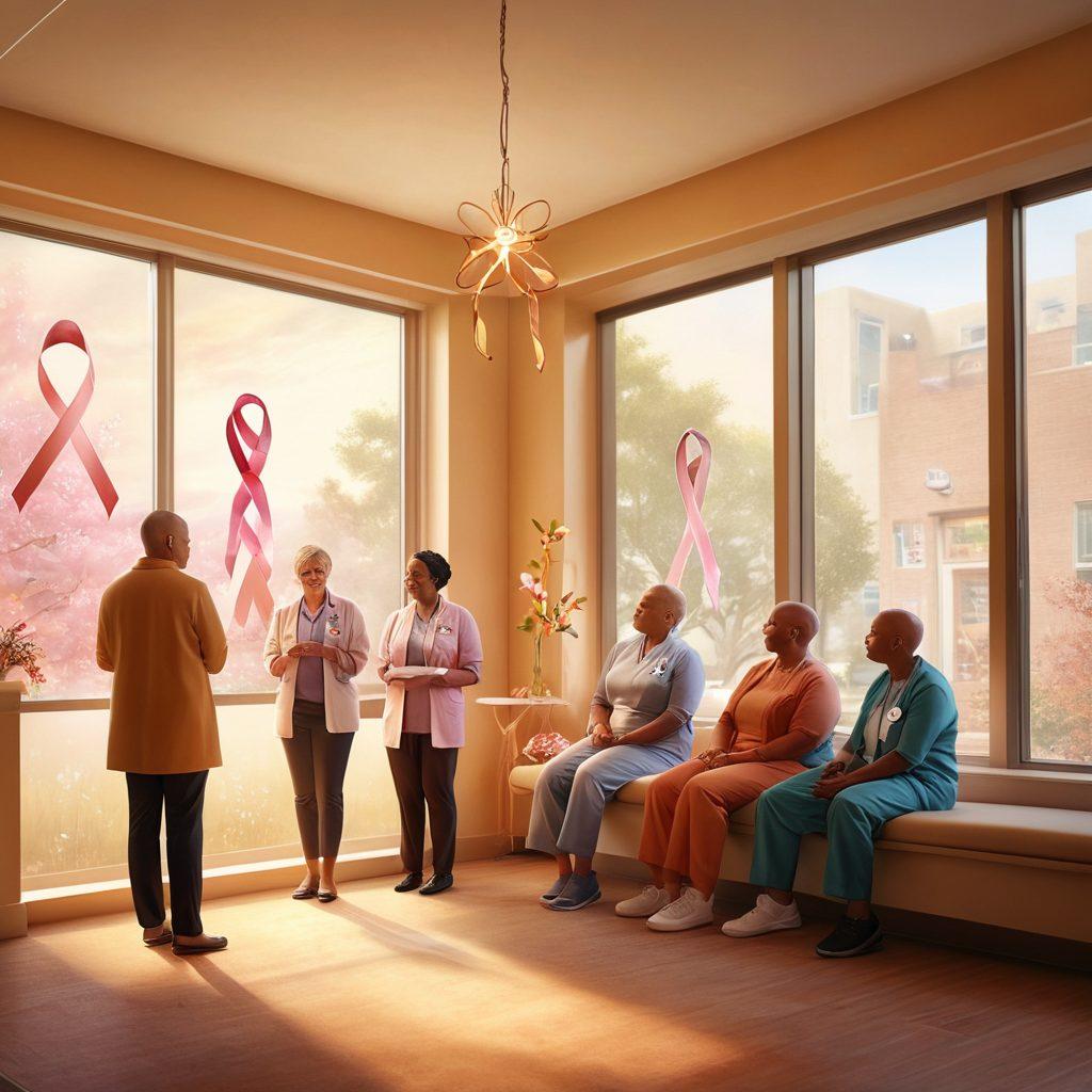 A compassionate scene depicting a diverse group of cancer survivors sharing their stories of hope and empowerment in a modern healthcare setting. Include symbols of advocacy such as ribbons, supportive healthcare professionals, and sunlight streaming through a window, symbolizing hope. Incorporate elements like warm colors and gentle textures to convey warmth and resilience. super-realistic. vibrant colors. uplifting atmosphere.